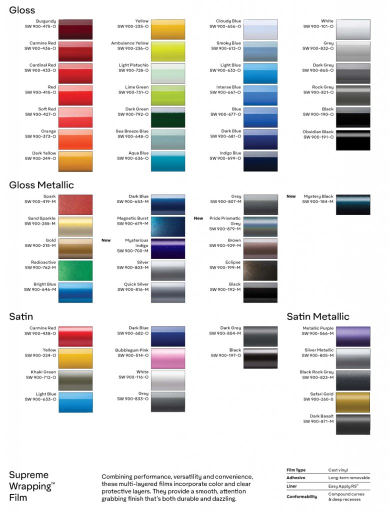 Vinyl Wrap Colour Palette - Branding Centres - Avery and 3M