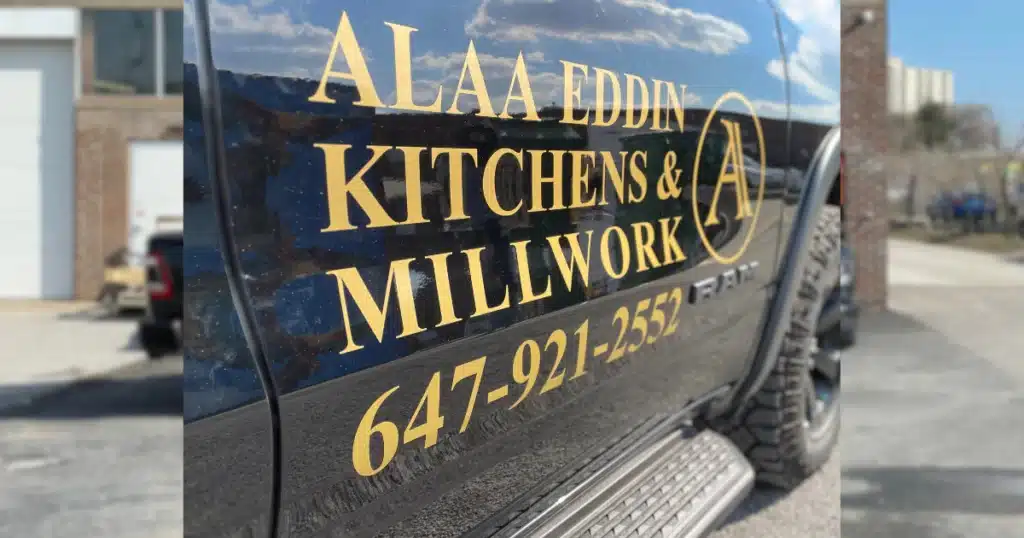 Alaa Eddin Kitchen and Millwork Truck Decal design up close, passenger side of the RAM 1500.