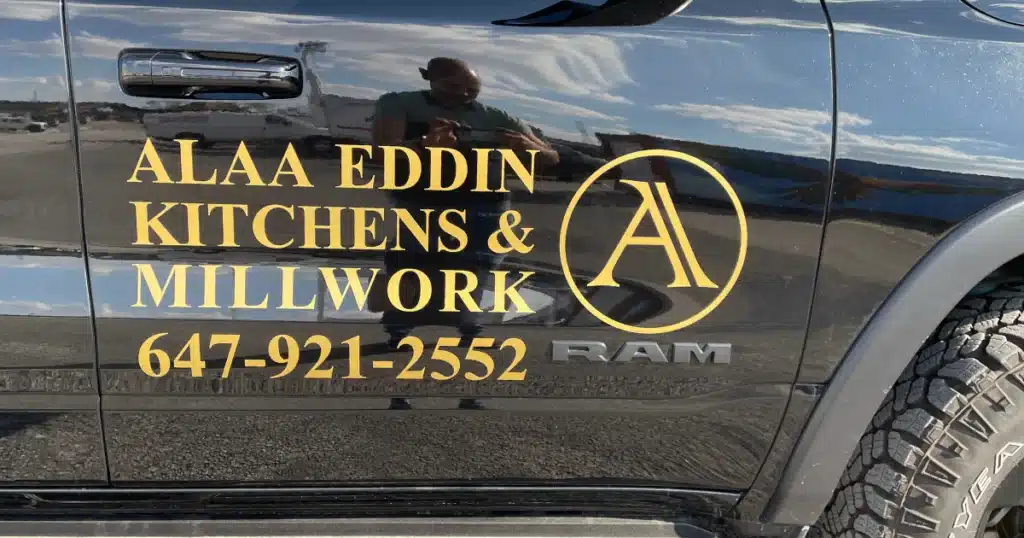 Alaa Eddin Kitchen and Millwork decal design on the side of the RAM 1500.