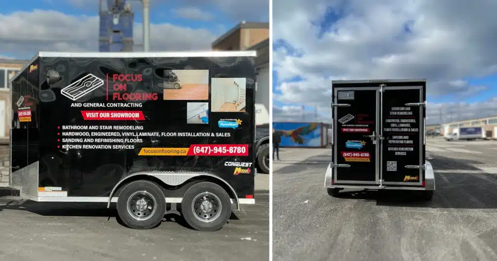 Focus on Flooring trailer branding project. Photos taken during passenger pickup. Trailer graphics seen from back view and left side view.
