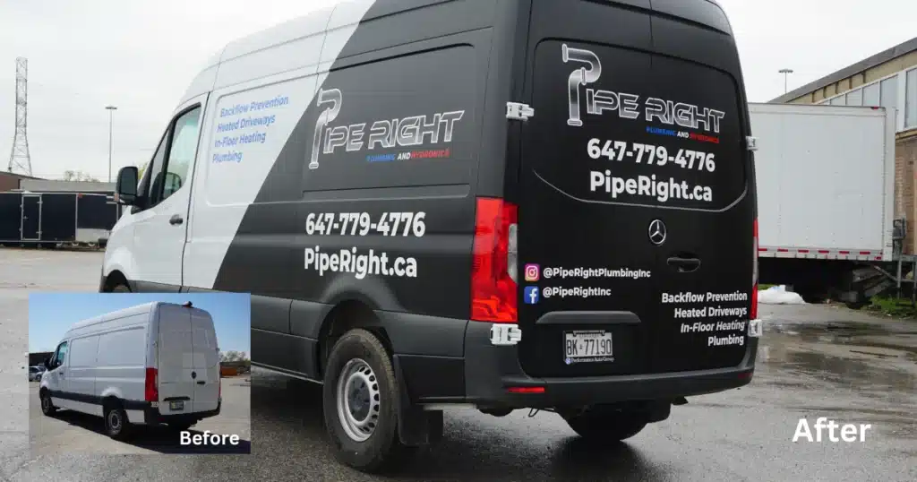 BEFORE and AFTER. Partially applied van wrap on Mercedes Sprinter after design and installation for Pipe Right Plumbing and Hydronics, rear passenger view.