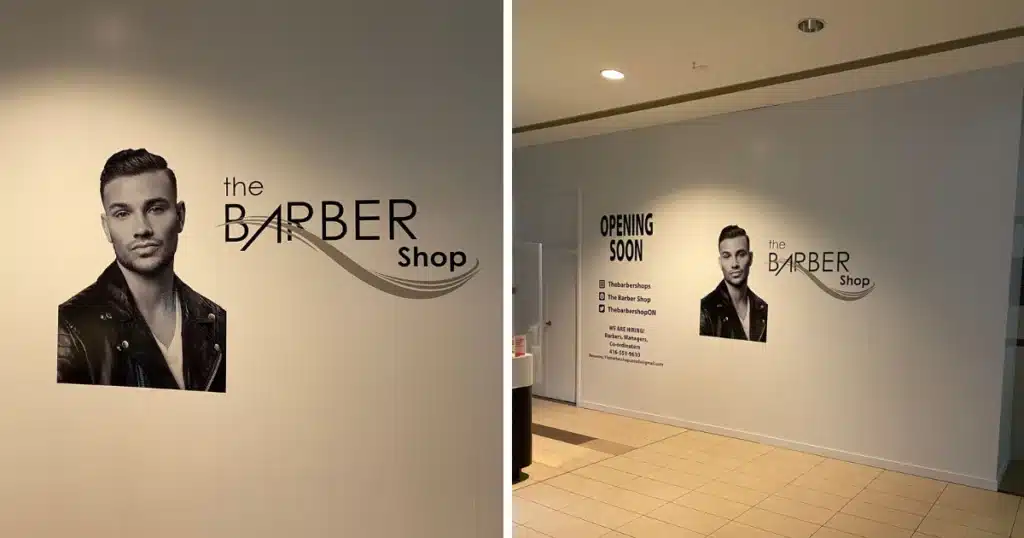 The Barber Shop hoarding signs at Scarborough Town Centres, close-up on the left, broad-view on the right.
