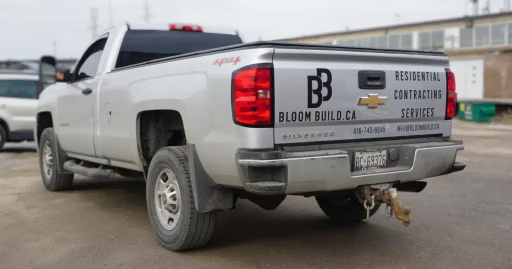 Bloom Build truck graphics from the rear drivers side view.