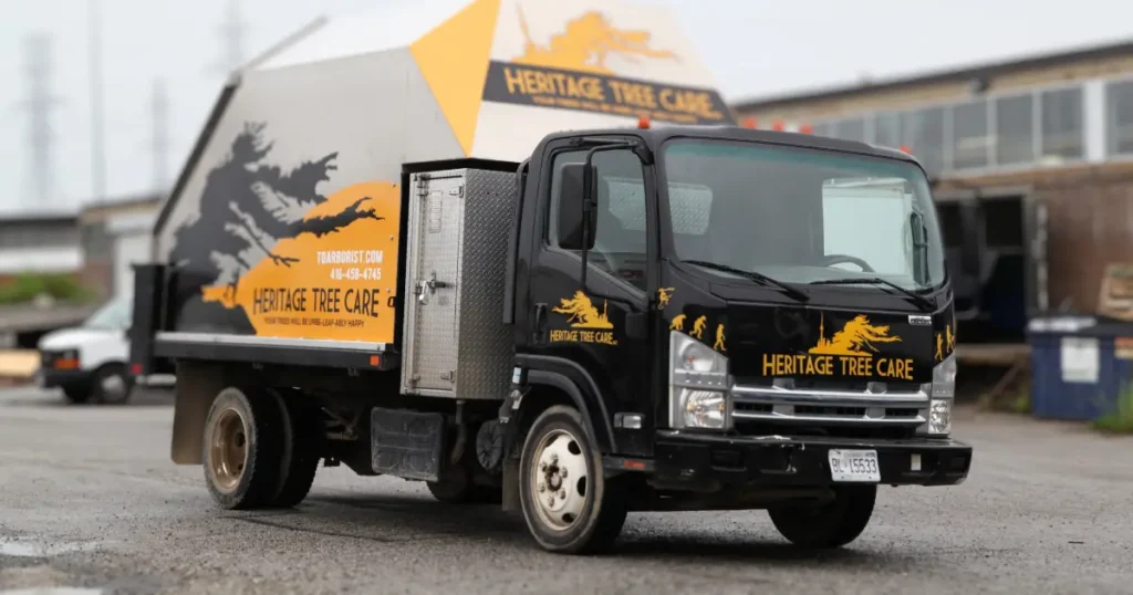 Three-quarter view of a truck displaying partial wrap decals