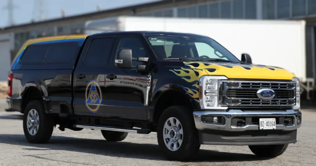 Front view of a Ford F-250 displaying custom decals