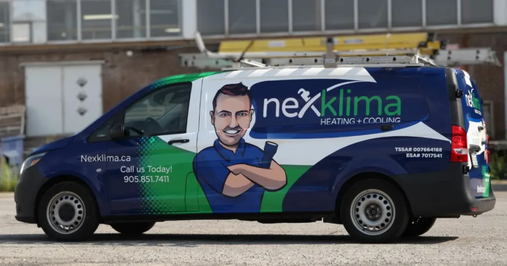 Side view of Nexklima's Mercedes Metris Full Wrap, highlighting the custom decals.