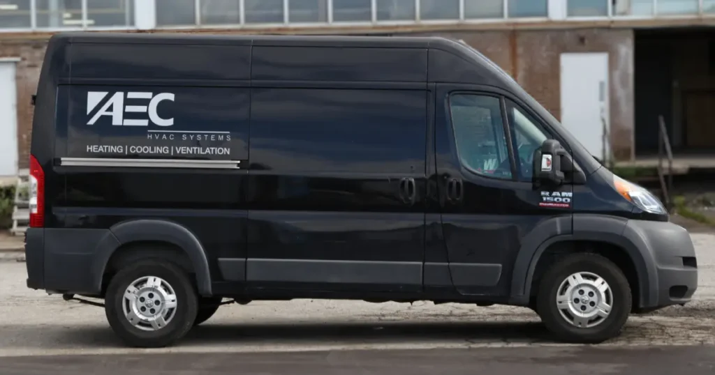 AEC HVAC Systems decals displayed on a Ram ProMaster